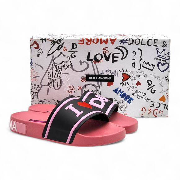 Dolce & Gabbana Logo Heart Rubber Pool Slides Pink Black EU 37 US 7 - NWB $320 - Picture 1 of 8
